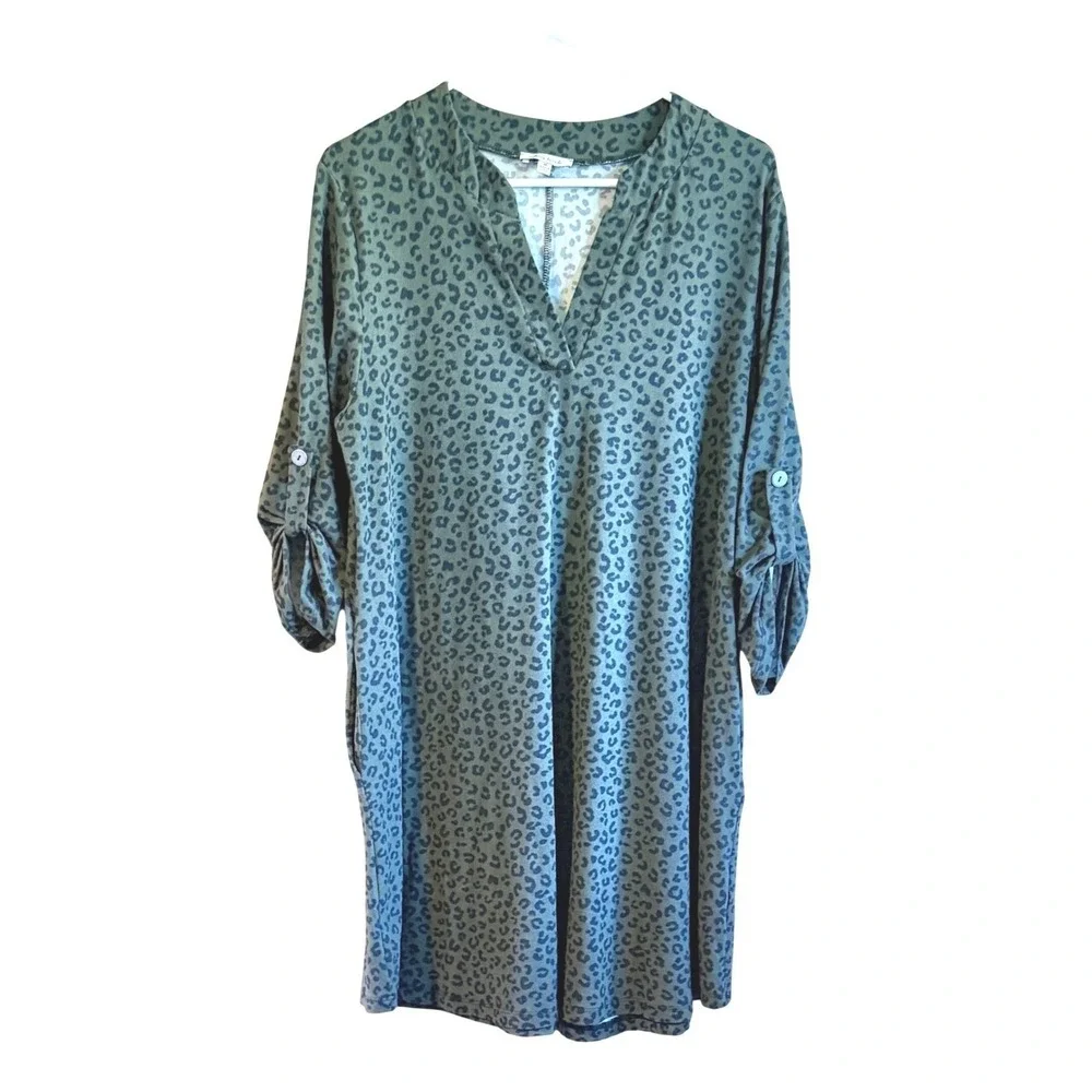 White Birch Olive Medium Green Leopard Print Roll Tab‎ Sleeve Tunic Dress